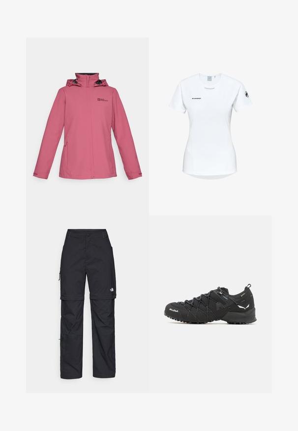 Giacca impermeabile rosa con colletto alto, cappuccio regolabile e tasche laterali con zip. Caratteristiche include logo sul petto e polsini elastici.; Maglietta atletica bianca a maniche corte con colletto rotondo, dotata di un logo sul petto e una texture di tessuto liscia e leggera.; Pantaloni cargo in nylon nero con zip rimovibile, polsini regolabili, molteplici tasche e un logo sulla gamba destra. Tessuto liscio e leggero.; Scarpe da trekking nere con tomaia in tessuto testurizzato, sistema di allacciatura e suola in gomma robusta. Accentuate da dettagli riflettenti e loghi.