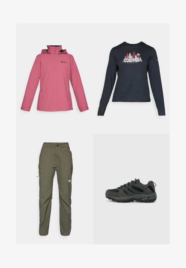 Rozā ūdensizturīga jaka ar augstu apkakli, regulējamu kapuci un ar rāvējslēdzējiem sānām kabatām. Satur logotipu uz krūtīm un elastīgas aproces.; Tumšs pelēks krekls ar garām piedurknēm, ar grafiku, kurā attēloti sarkani koki un kalni; "COLUMBIA" logo treknā baltā tekstā. Mīksta auduma, standarta apaļa kakla izgriezums.; The North Face EXPLORATION PANTS - Āra bikses - new taupe green; Columbia REDMOND - Pārgājienu apavi - black/citron haze