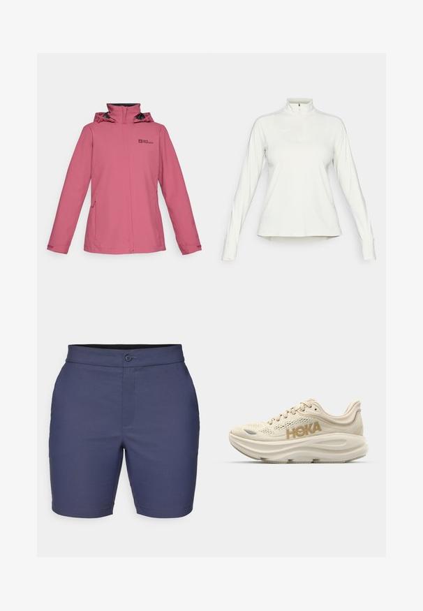 Roosa veekindel jakki kõrge kraega, reguleeritava kapuutsi ja tõmblukuga küljetaskutega. Omab logo rinnal ja elastseid mansette.; Valge pikkade varrukatega sportlik pullover kõrge kaelusega ja ettepoole neljanda lukuga, millel on vasakul rindkere kohal diskreetne logo ja varrukatel resurssaukud.; Tumedate sinised lühikesed püksid siledast kangast, millel on nööp sulgemine, vöökohad ja kohandatud sobivus koos puhta äärisega.; Heled beez jooksujalanõud, millel on võrkkangast ülemine osa, pehmendatud kaelus, silmatorkav kuldne "HOKA" logo ja paks, pehmendatud tallatoode mugavuse tagamiseks.