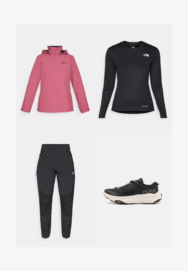 Růžová voděodolná bunda s vysokým límcem, nastavitelnou kapucí a bočními kapsami na zip. Na hrudi je vyobrazeno logo a rukávy mají elastický konec.; The North Face SHADOW LONG SLEEVE - Top s dlouhým rukávem - black; Černé venkovní kalhoty vyrobené z odolné tkaniny. Mají zipové kapsy, zesílené kolenní panely a rovný střih pro větší pohyblivost.; Černé sportovní boty s prodyšným síťovaným svrškem, gumovou podrážkou, bílou polstrovanou mezipodrážkou a reflexními tkaničkami. Logo Vibram na podrážce.