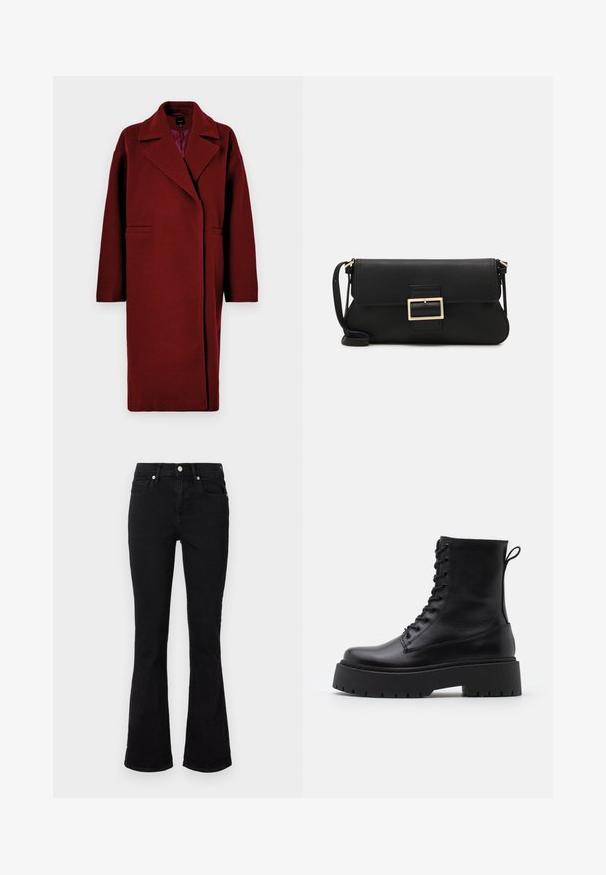 Burgunderfärgad ullrock med slagkrage, långa ärmar, två framfickor och en avslappnad passform, som har en enfärgad och slät yta.; Svart och vit avklippt tröja med blommiga och djurmönster, med ribbade mudd och hals, gjord av ett mjukt stickat material.; Svarta utsvängda jeans i denim, med medelhög midja, framfickor och knäppning. Slät yta med minimala sömnadsdetaljer.; Svarta läderankelboots med rund tå, snörning framtill och en tjock gummisula med strukturerat mönster. Dragflik bak.; Svart läderkuvertväska med en klaff och detalj i guldmetallspänne. Innehåller en svart rem och en elegant, minimalistisk design.