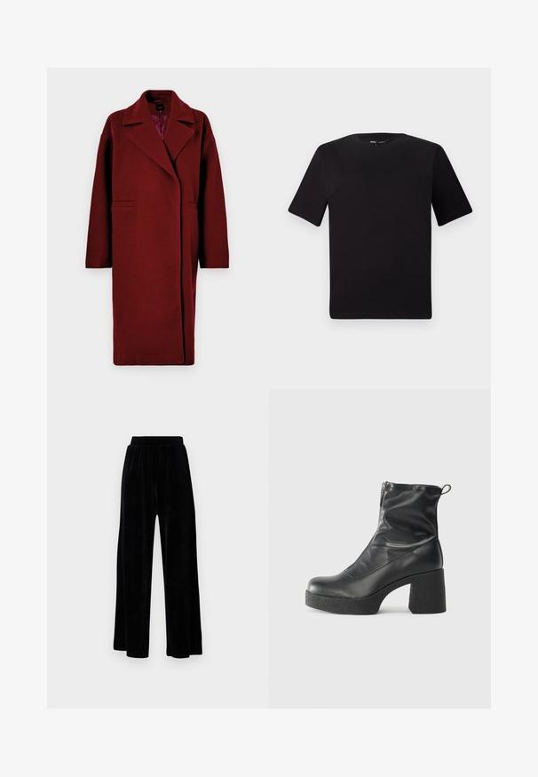 Burgundy gyapjú kabát jellegzetes hajtóművel, hosszú ujjakkal, két elülső zsebbel és laza szabással rendelkezik, egyenletes színnel és sima textúrával.; Fekete, rövid ujjú póló, kerek nyakkal, puha pamutból készült. Egyszerű dizájn, nincs látható logó vagy minta.; Fekete, széles szárú nadrág puha velúrból, rugalmas derékkal és sima textúrával, látható díszítés vagy mintázat nélkül.; Fekete bokacsizmák sima bőrből, oldalsó cipzárral, vastag, texturált sarkú és lekerekített orrú dizájnnal.