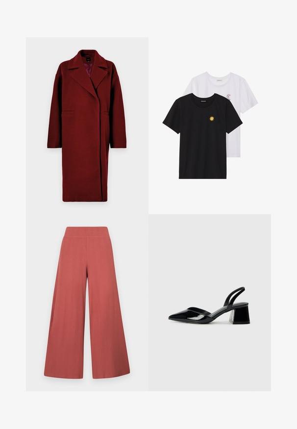 Burgundijas vilnas mētelis ar izgrieztu kakla līniju, garām piedurknēm, divām priekšējām kabatām un brīvu piegriezumu, piedāvā vienotu krāsu un gludu tekstūru.; Melnbaltie t-krekli, ar apaļu kaklu, īsām piedurknēm. Melnais krekls ar dzeltenu saules izšuvumu; baltais ar purpursarkanu mēness akcentu.; Plaša gada bikses rūsas krāsā, izgatavotas no teksturēta auduma ar vertikālām ribām. Tās ir ar augstu, elastīgu jostasvietu.; Melna lakota āda ar atvērto papēdi, ar smailu purngalu un ģeometrisku blokpapēdi. Iezīmējas elegants, minimāls dizains un gluda tekstūra.