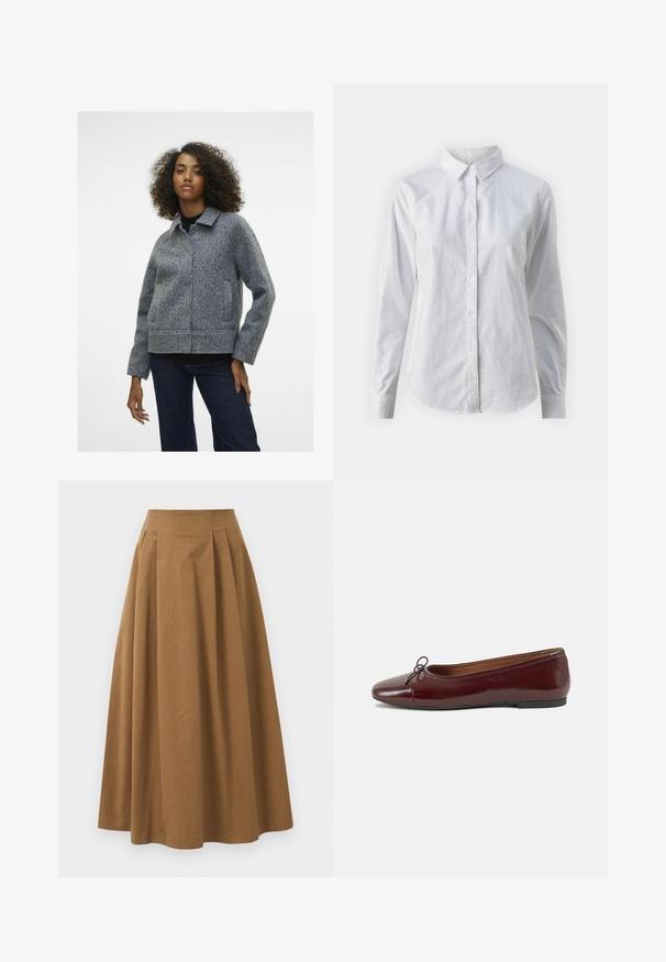 Jachetă din lână gri, cu un guler, mâneci lungi și buzunare laterale. Țesătura are un finisaj texturat și este ajustată la talie.; Cămașă albă cu nasturi, confecționată din bumbac neted, având un guler clasic, mâneci lungi și un tiv curbat. Nasturii sunt mici și albi.; Fustă A-line din bumbac maro, cu talie înaltă, având pliseuri pe față și o textură netedă. Marginile sunt finisate curat și simplu.; Balerini din piele patent burgund cu vârful rotund, accent de fundiță mică în față și talpă joasă din cauciuc negru. Textură netedă.