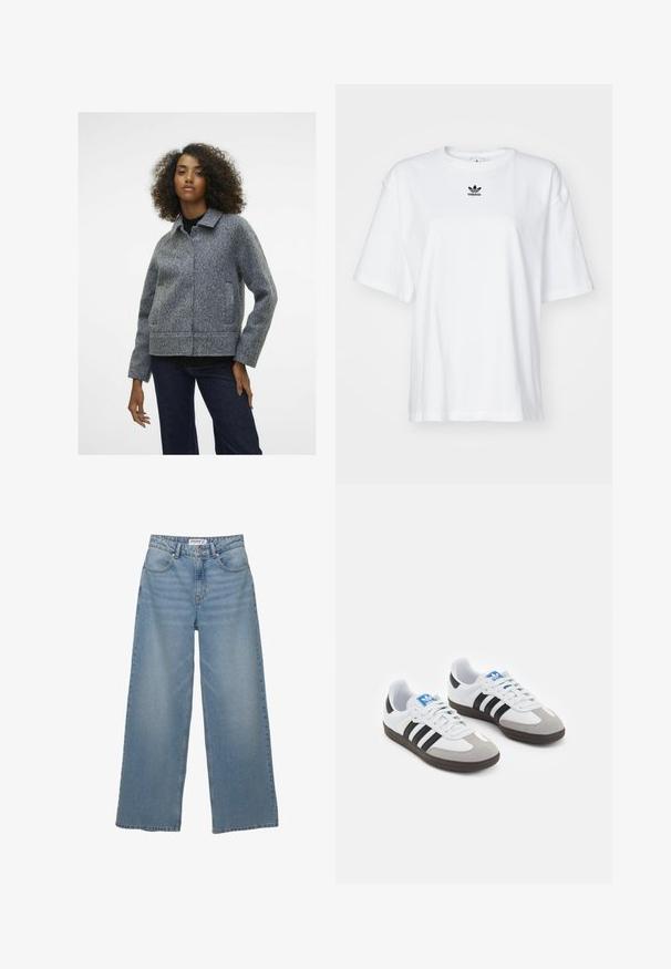 Grijze wollen blend jas met een kraag, lange mouwen en zijzakken. De stof heeft een gestructureerde afwerking en is cropped bij de taille.; Witte korte mouwen t-shirt van katoen. Voorzien van een ronde hals en een klein zwart Adidas-logo op de borst. Rechthoekige zoom.; Lichtblauwe wijde jeans van denim. Heeft een hoge taille, vijf zakken en een rechte pasvorm met minimale vervaging.; Sportschoenen met een witte leren bovenkant, grijze suède neus en drie zwarte strepen. Bevat een blauw logo op de tong en een gestructureerde rubberen zool.