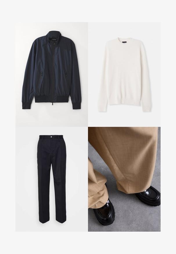 Meripis navy dengan resleting di depan, kerah dan manset bergaris. Dilengkapi dengan dua kantong samping dengan resleting dan bahan yang halus serta ringan.; Valkoinen ribattua neuletta oleva villapaita, jossa on pyöreä kaula-aukko ja pitkät hihat. Rinnassa on pieni logo-ompelu. Pehmeä rakenne, istuva muoto.; Mustat räätälöidyt housut, joissa on suora lahjesuunnittelu, valmistettu sileästä kankaasta, etunapilla ja kahdella sivutaskulla.; Harmaat housut, joissa on tekstuuri, yhdistettynä kiiltäviin mustiin mokkasandaaleihin, joissa on paksu pohja ja korostusompeleita.