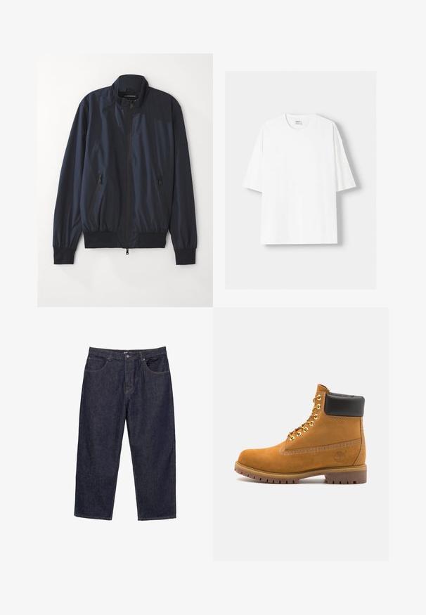 Marine bomberjack met een ritssluiting aan de voorkant, geribbeld kraag en manchetten. Voorzien van twee zijzakken met rits en een gladde, lichte stof.; Witte t-shirt met korte mouwen, gemaakt van katoen, met een ronde halslijn en een relaxte pasvorm. Gladde textuur, zonder zichtbare patronen of accenten.; Donkerblauwe rechte spijkerbroek met een knoopsluiting en rits aan de voorkant, en vijf zakken, weergegeven op een witte achtergrond.; Tan suède enkelboot met zwart gevoerd kraagje, gouden metalen oogjes, witte stikdetails en een robuuste rubberen zool met uitgesproken profiel.