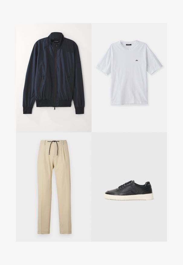 Granatowa kurtka bombowca z zamkiem z przodu, ściągaczem przy kołnierzu i mankietach. Posiada dwie boczne kieszenie na zamek oraz gładki, lekki materiał.; Biała bawełniana koszulka z okrągłym dekoltem i krótkimi rękawami, z niewielkim czarnym logo na piersi. Gładka tekstura i luźny krój.; Beżowe spodnie o prostym kroju, z elastycznym pasem, plisowanym przodem i gładką fakturą. Prosty, uniwersalny design.; Czarne skórzane sneakersy o teksturowanym wykończeniu, okrągłym nosku i płaskiej białej gumowej podeszwie. Zawierają czarne sznurówki oraz znak firmowy na pięcie.
