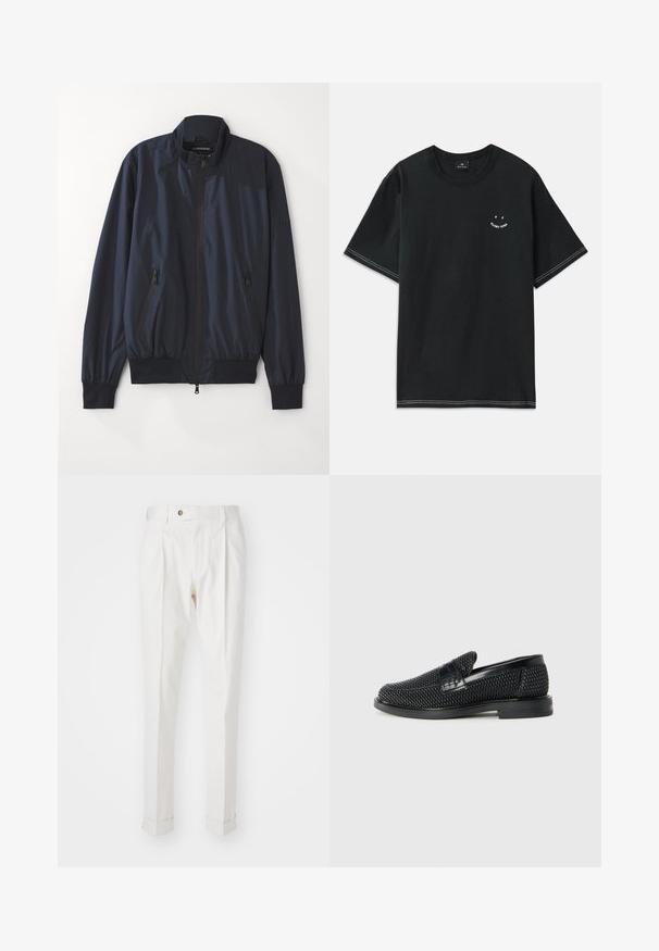 Marine bomberjack met een ritssluiting aan de voorkant, geribbeld kraag en manchetten. Voorzien van twee zijzakken met rits en een gladde, lichte stof.; Zwarte katoenen t-shirt met korte mouwen, een ronde hals en witte stikselaccenten. Inclusief een kleine graphic op de borst.; Witte, op maat gemaakte broeken met een platte voorkant, twee plooien en omgeslagen pijpen. Gemaakt van een gladde stof met een knoopsluiting in de taille.; Zwartegeweven instap schoenen met een glad leren accent aan de bovenkant, een ronde neusontwerp en een laag profiel rubberen zool.