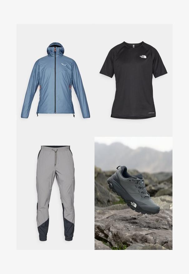 Salewa PUEZ CATINACCIO - Zimska jakna - java blue; Crna kratkotrajna atletska majica s teksturiranom tkaninom, koja ima bijeli logo na lijevom prsnom dijelu i ravni rub.; Lagane, sive atletske hlače s crnim akcentima. Elastični pojas, zatvaranje na vezicu, dizajn suženih nogavica i bočne džepove.; Sive trail trkačka cipela s teksturiranim gornjim dijelom, izdržljivom gumenom potplatom i ojačanim vrhom. Ima vezice i logotip branda sa strane.