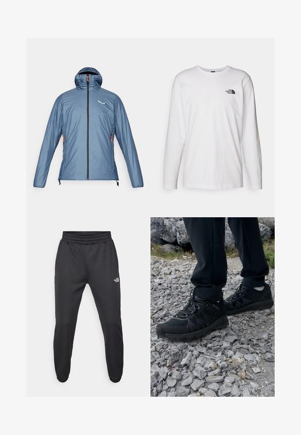 Salewa PUEZ CATINACCIO - Vinterjakker - java blue; Hvid langærmet T-shirt lavet af bomuld med rund hals. Har et lille sort logo på brystet. Glat tekstur, almindelig pasform.; Sorte sweatpants med snor i livet, tætsiddende pasform, elastiske manchetter og et lille hvidt logo på venstre lår, lavet af glat stof.; Sorte udendørssko med mesh og syntetisk materiale, med en tekstureret overdel, sikre snørebånd og en robust ydersål, på klippelandskab.