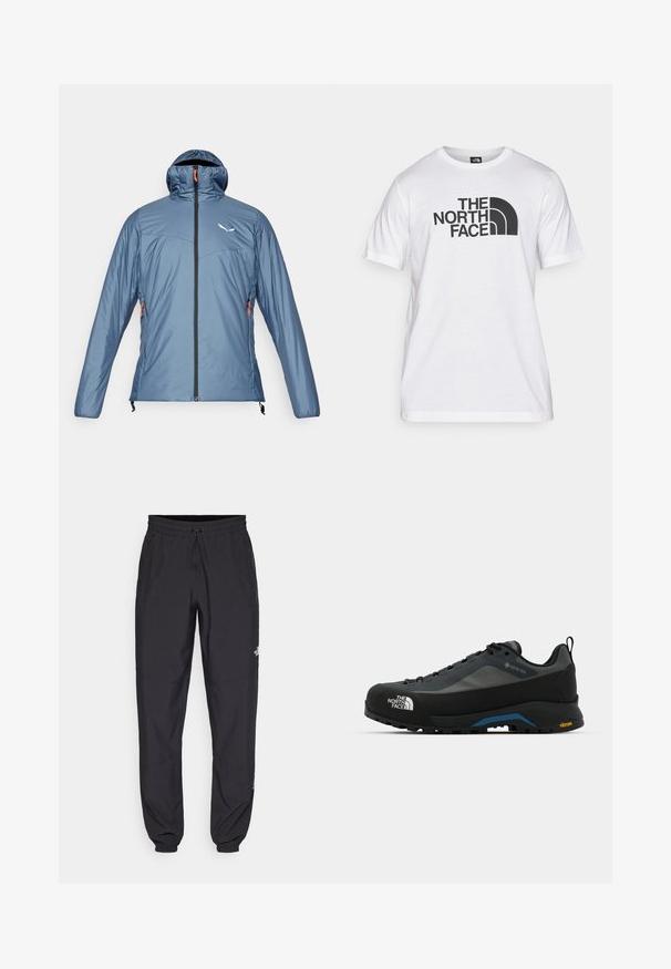 Salewa PUEZ CATINACCIO - Vinterjacka - java blue; Vitt bomullströja med svart grafisk tryck som har text och en rundad logotypdesign. Rund halsringning och korta ärmar. Enslig textur.; Svarta träningsbyxor tillverkade av lättviktsmaterial, med dragsko i midjan, sidofickor och avsmalnande muddar vid anklarna.; The North Face VERTO ALPINE GORE TEX - Hikingskor - asphalt grey/tnf black