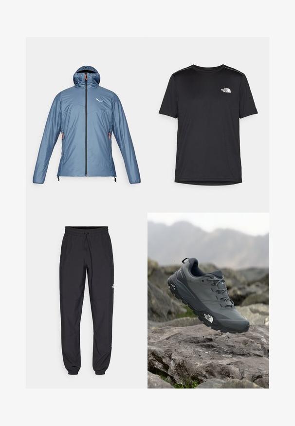 Salewa PUEZ CATINACCIO - Winterjas - java blue; Zwarte T-shirt met korte mouwen, gemaakt van lichtgewicht stof. Bevat een klein wit logo op de linkerborst en verfijnde schouderaccenten.; Zwarte sportieve broek gemaakt van lichtgewicht stof, met een trekkoord in de taille, zijzakken en taps toelopende boorden bij de enkels.; Grijze trailrun-schoen met een gestructureerde bovenkant, duurzame rubbersole en versterkte neuskap. Voorzien van veters en een merkimprint aan de zijkant.