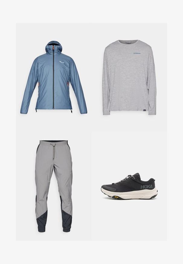 Salewa PUEZ CATINACCIO - Winter jacket - java blue; Light gray long-sleeve t-shirt made of soft, textured fabric. Features a crew neck and a small blue Patagonia logo on the chest.; Lightweight, gray athletic pants with black accents. Elastic waistband, drawstring closure, tapered leg design, and side pockets.; Black athletic shoe with a textured upper, grey accents, reflective details, and a thick white sole featuring Vibram branding.