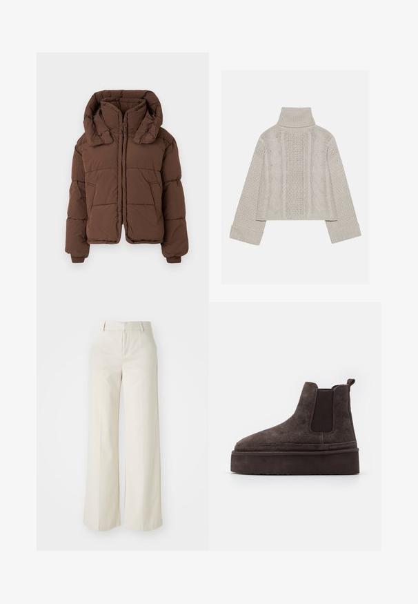 Brun polstret vinterjakke med høj krave og to sidelommer, lagt fladt på en lys baggrund.; Afskåret, lysegrå striktrøje med højt krave og ribbede manchetter, prydet med teksturerede kabelmønstre ned ad ryggen og siderne.; Bredde ben-bukser i en lys beige farve, lavet af et glat stof. Har en klassisk talje og flad front med rene linjer.; Brune ruskinds Chelsea støvler med elastiske sidepaneler og en tyk, struktureret platåsål. Har en strop bagpå til nem påtagning.