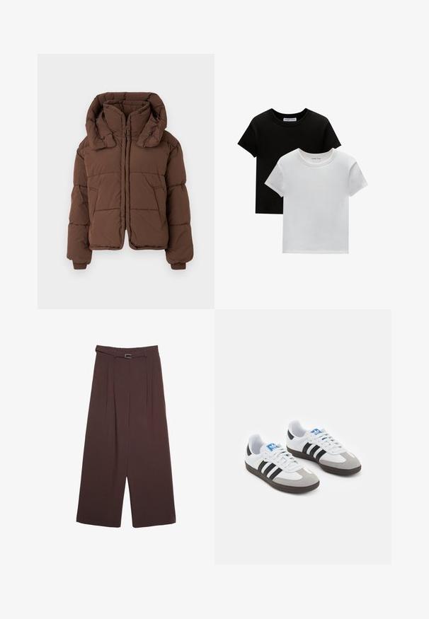 Smeđa podstavljena zimska jakna s visokim ovratnikom i dva bočna džepa, prikazana ravno na svijetloj pozadini.; Dva majice s okruglim izrezom, u crnoj i bijeloj boji, od pamuka. Imaju kratke rukave i jednobojni dizajn bez uzoraka ili akcenta.; Stradivarius WIDE-LEG WITH BUCKLE DETAIL - Hlače - dark brown; Sportske cipele s gornjištem od bijele kože, sivi suedinasti nos i tri crne pruge. Imaju plavi logo na jeziku i teksturiranu gumenu podlogu.