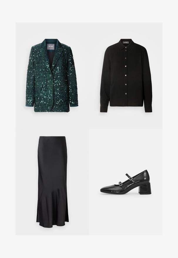 Zeleni blejzer s čez prešito satinasto reverjo, dvema gumboma in stranskima žepoma. Tekstura površine odraža svetlobo, kar ustvarja sijajni učinek.; Črna dolgima rokavoma srajca z ovratnikom na gumb in sprednjim zapiranjem na gumbe. Ima teksturirano tkanino z navpičnimi črtami.; Črna satenska midi krila z elegantnim dizajnom, ki ima rahlo razširitev na robu in stranski razporek za enostavno gibanje. Gladka tekstura.; Črne lakaste Mary Jane čevlje s koničastim nosom, dvema prilagodljivima trakoma in robustnim blokom pete. Gladka tekstura in sijajen zaključek.