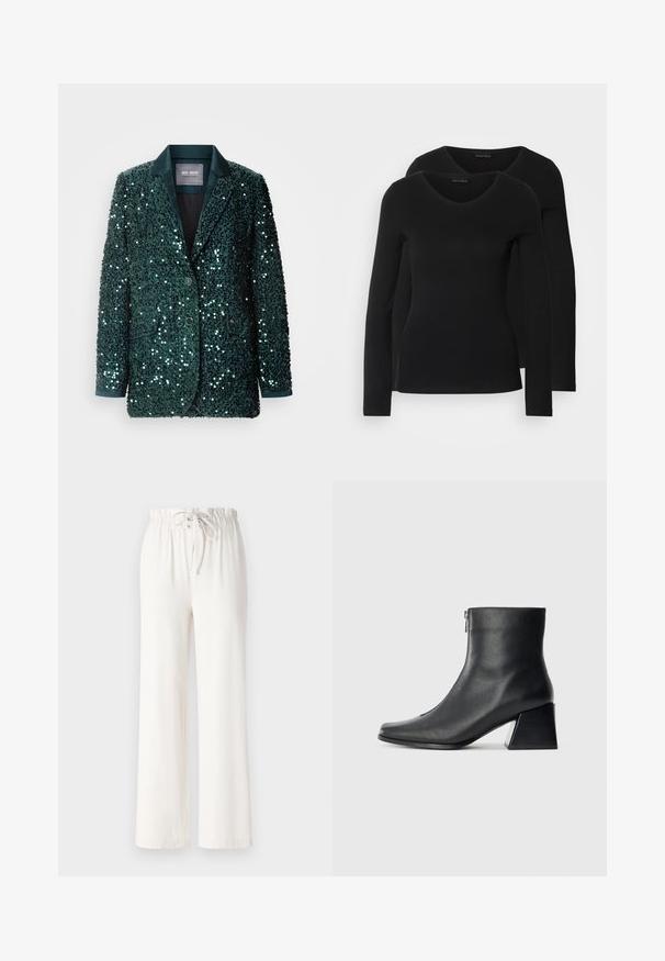 Green sequined blazer with a smooth satin lapel, two buttons, and side pockets. Textured surface reflects light, creating a shimmering effect.; Two black long-sleeve shirts with a V-neck design, made of soft, stretchy fabric, showing smooth texture and a fitted shape.; White wide-leg pants made of soft fabric, featuring a drawstring waist and smooth texture. No patterns or embellishments visible.; Black leather ankle boot with square toe, side zipper, and block heel against plain light background.