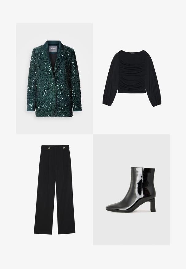 Rohelise sädelevate kristallide ja puhta satiinist kraega bleiser, millel on kaks nuppu ja küljetaskud. Tekstuuritud pind peegeldab valgust, luues sädelevat efekti.; Must mustaga, millel on ees ja randmetel kokku tõmmatud kangadetailid, valmistatud pehmest ja venivast materjalist ning paadi kaelusega.; Mustad laiad püksid kõrge vöökoha ja nööpdetailidega vööandil, esikortsudega.; Must-sinine nahkjalats musta läikiva viimistlusega, millel on terav nina ja keskmise kõrgusega plokk konts. Sile tekstuur ja minimalistik disain.