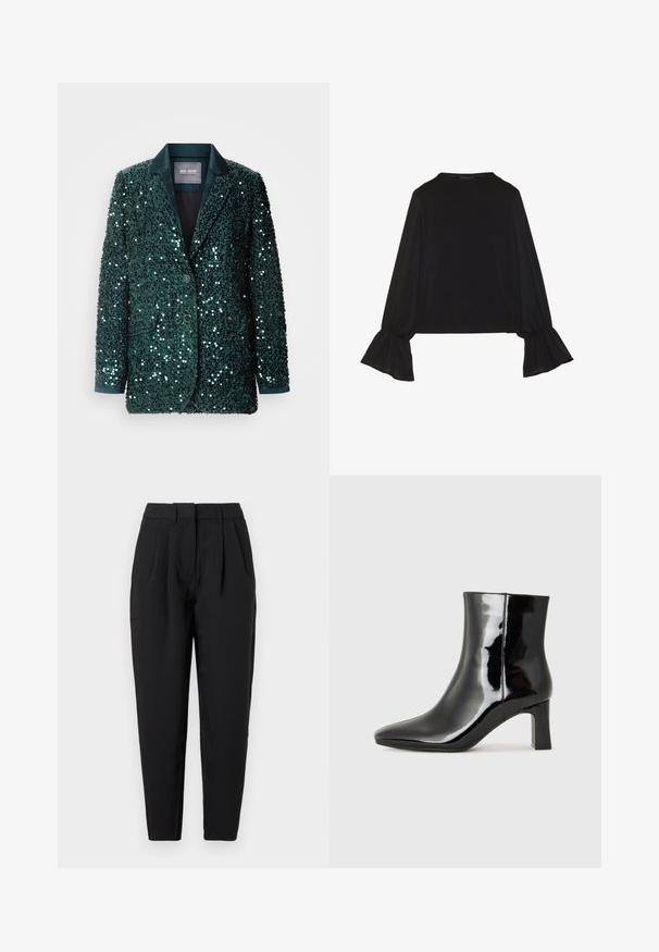 Sacou verde cu paiete, cu o rever neted din satin, două butoane și buzunare laterale. Suprafața texturată reflectă lumina, creând un efect strălucitor.; Top negru cu mânecă lungă, cu mansete evazate, textură moale și croială lejeră, având un guler rotund simplu.; Pantaloni negri cu o croială dreaptă, având pliseuri în partea din față, o textură netedă și buzunare laterale. Talie de înălțime standard.; Botine negre din piele lacuită, cu vârful ascuțit și toc bloc de înălțime medie. Textură netedă și design minimalist.