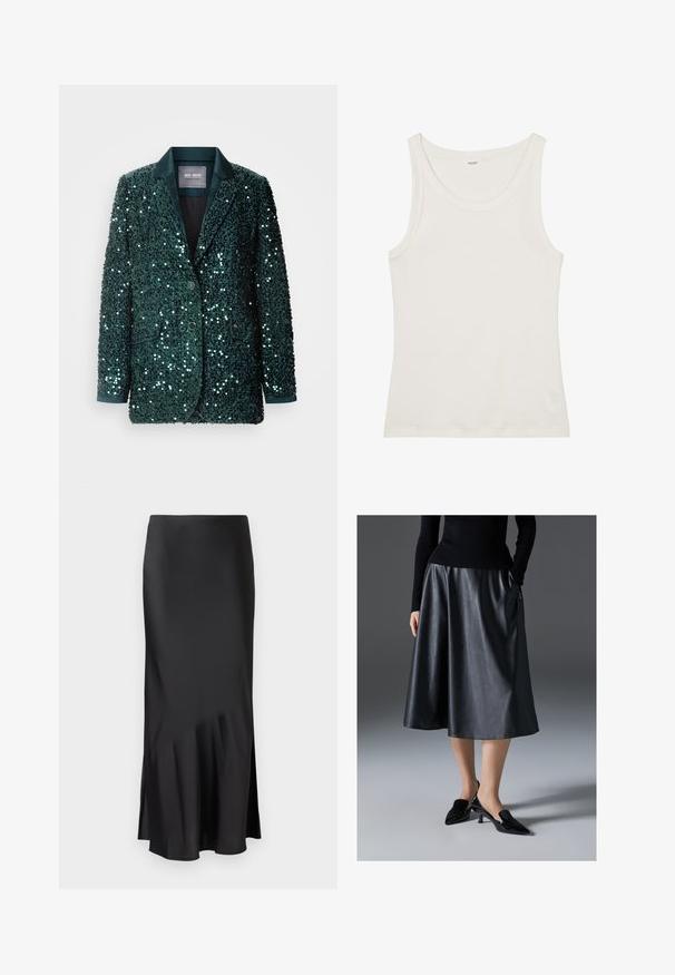 Zaļš pērļu žakets ar gludu satīna apkakli, diviem pogām un sānu kabatām. Tekstūrēta virsma atspoguļo gaismu, radot mirdzošu efektu.; Balta kokvilnas topiņa ar platu kakla izgriezumu un plānām plecu lencēm. Gluda tekstūra bez redzamām apdrukām vai rotājumiem.; Melnas satīna vidēja garuma svārki ar elegantu dizainu, ar nelielu izplešanos apakšmalā un sānu šķēlumu, kas nodrošina ērtību kustībā. Gluda tekstūra.; Melnas ādas midi svārki ar gludu tekstūru; satur jostasvietu un sānu kabatas. Apvienoti ar spīdīgām melnām kurpēm ar papēdi.
