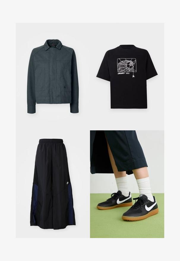 Tumši pelēks jakas ar apkakli, priekšējo rāvējslēdzēju, divām lielām kabatām un mazu melnu logotipu kreisajā pusē. Audums no kokvilnas un sintētiskām šķiedrām.; Melnā kokvilnas T-kreklā ir īsas piedurknes. Uz priekša ir balti zirnekļa tīkla grafika un logo. Vienkārša noapaļota izgriezne.; Melni plata kāju bikses no viegla auduma, ar tumši zilu sānu paneli un elastīgu jostu. Mazs balts logotips apakšā.; Melna āda un sintētiska materiāla sporta apavi ar baltu Nike logo, gumijas zole, apaļa purngala forma un melni šņores. Redzamas ribotas baltas zeķes.