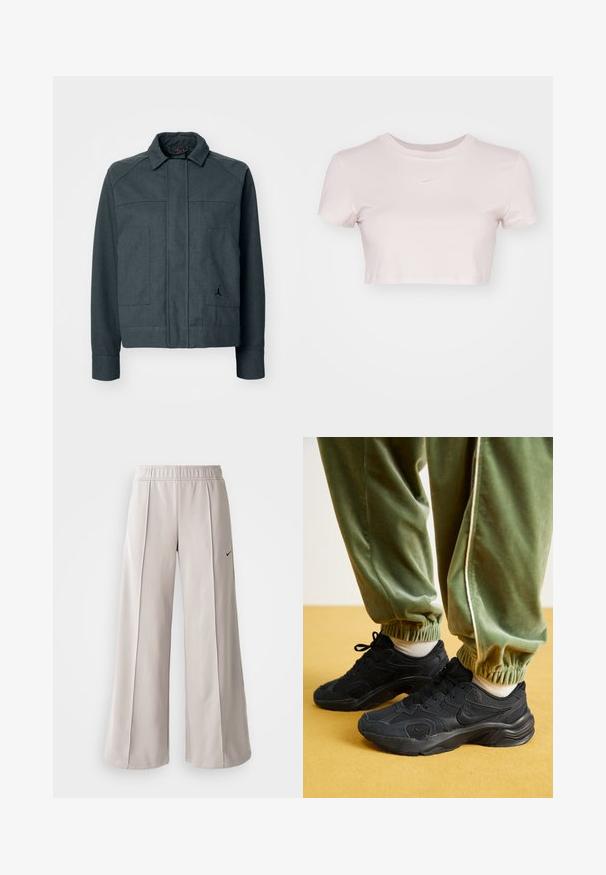 Tumehall nahkpükk, millel on krae, ees lukuga sulgemine, kaks suurt taskut ja väike must logo vasakul poolel. Puuvillasegune kangas.; Lühikeste varrukatega helesinine lühikesed T-särk, valmistatud pehmest kangast. Omab ümmargust kaelaauku ja rinnal on väike valge Nike logo.; Heledad hallide püksid, mis on valmistatud siledast kangast. Omab elastset vöökohta ja musta Nike logo vasakul küljel.; Mustad mustad spordijalatsid, millel on võrgust ja sünteetilistest materjalidest pealmine osa, tekstureeritud tallad, koos roheliste, elastse pitsiga dressipüksidega, kollasel pinnal.