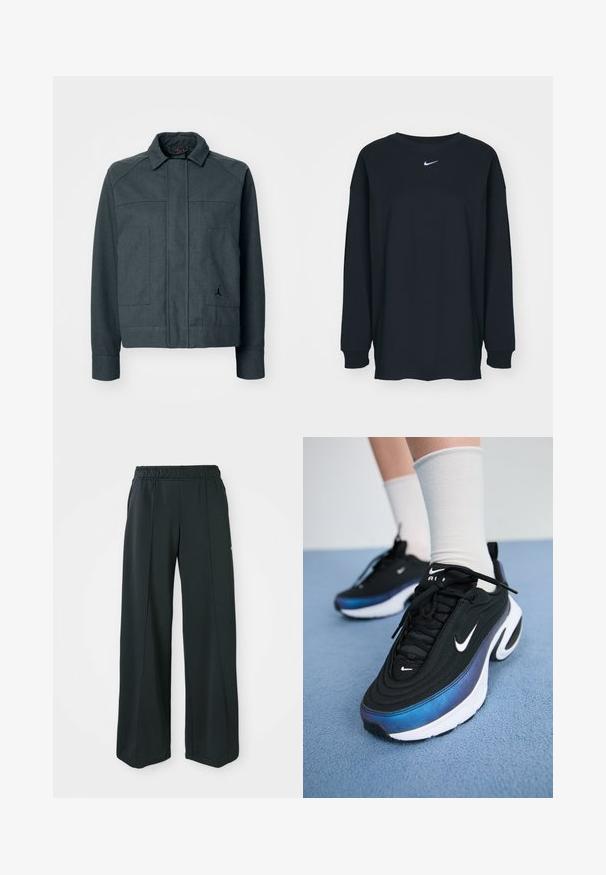 Tmavohnedá bunda s golierom, predným zipsom, dvoma veľkými vreckami a malým čiernym logom na ľavej strane. Zmes bavlny.; Čierne tričko s dlhým rukávom z bavlny, s okrúhlym výstrihom. Na hrudi sa nachádza biele logo Nike. Jemná textúra, jednoduchý dizajn.; Čierne, široké športové nohavice s elastickým pásom. Vyrobené z hladkej, pružnej tkaniny, s jemnými prednými švami a bez vreciek.; Čierne tenisky Nike s hladkým textilným vrchom, ktoré majú gradientný dizajn prechádzajúci z modrej do čiernej, bielu podrážku a výrazné logo.