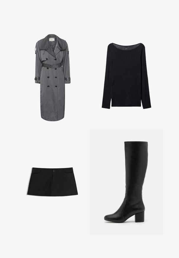Gestuz SALLY - Trenčkot - gray; Černá dlouhá halenka s širokým výstřihem, vyrobená z měkké látky, s těsným střihem a minimálními švy.; Černá sukně ke kolenům vyrobená z měkké tkaniny. Má dvě přední kapsy a zapínání na jeden knoflík v pase.; Černé kožené boty do výšky kolen s hladkým povrchem, zaoblenou špičkou, bočním panelem a robustním blokovým podpatkem.