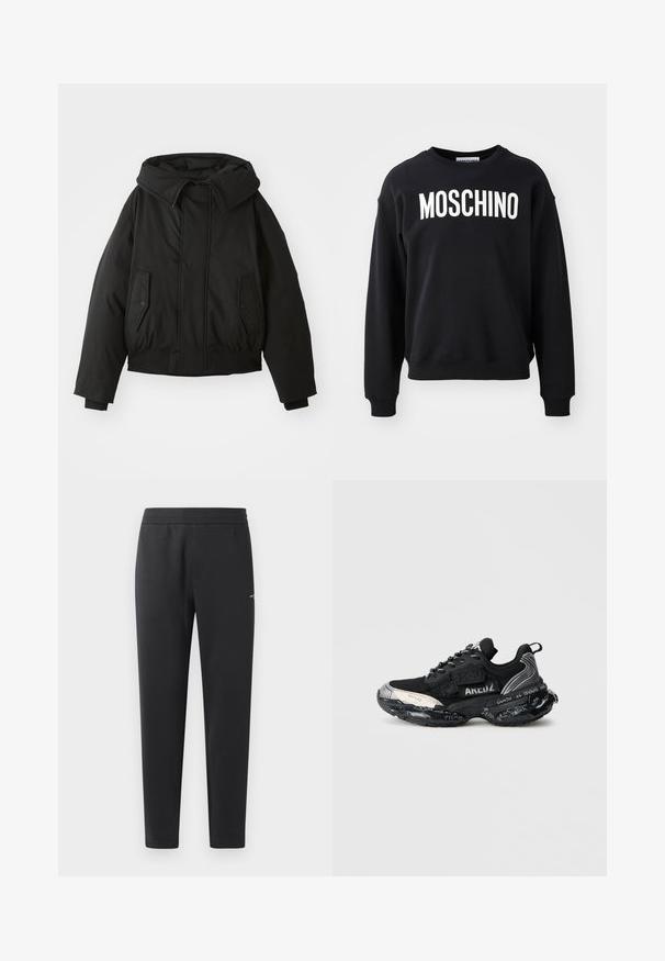 Black padded jacket with a high collar, zip closure, double side pockets, elastic cuffs, and a cropped hem. Smooth, matte texture.; Black sweatshirt made from soft fabric featuring a round neckline and ribbed cuffs. Prominent white "MOSCHINO" logo across the front.; Black jogger pants made of soft fabric, featuring an elastic waistband, straight legs, and a single small logo detail on the side.; Black athletic sneaker with a mesh upper, textured accents, and contrasting white rubber sole. Features handwritten details on the sole.