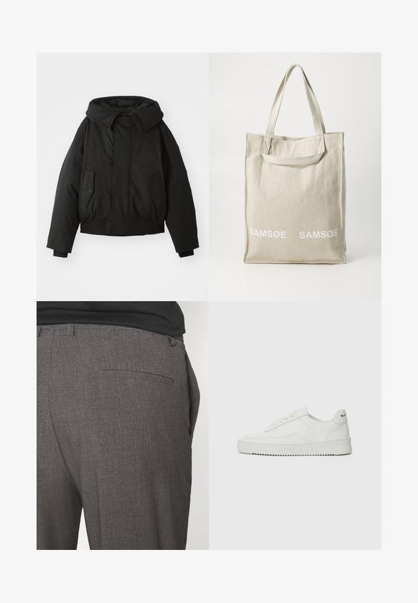 Zwarte gewatteerde jas met een hoge kraag, ritssluiting, dubbele zijzakken, elastische manchetten en een cropped zoom. Gladde, matte textuur.; Zwarte sweatshirt gemaakt van zachte stof met een ronde halslijn en geribbelde manchetten. Prominente witte "MOSCHINO" logo over de voorkant.; Grijze op maat gemaakte broeken met een gladde textuur, voorzien van een enkele achterzak en een slim fit ontwerp. De stof heeft een subtiel patroon.; Witte leren sneaker met een gladde afwerking, ronde neus, platte veters en een gestructureerde zool. Kenmerkt zich door een subtiel logo op de hiel.; Canvas tote bag in lichtbeige met dubbele handvatten, voorzien van het "SAMSOE" logo in het wit gedrukt op de voorkant. Rechthoekige vorm met een eenvoudig ontwerp.