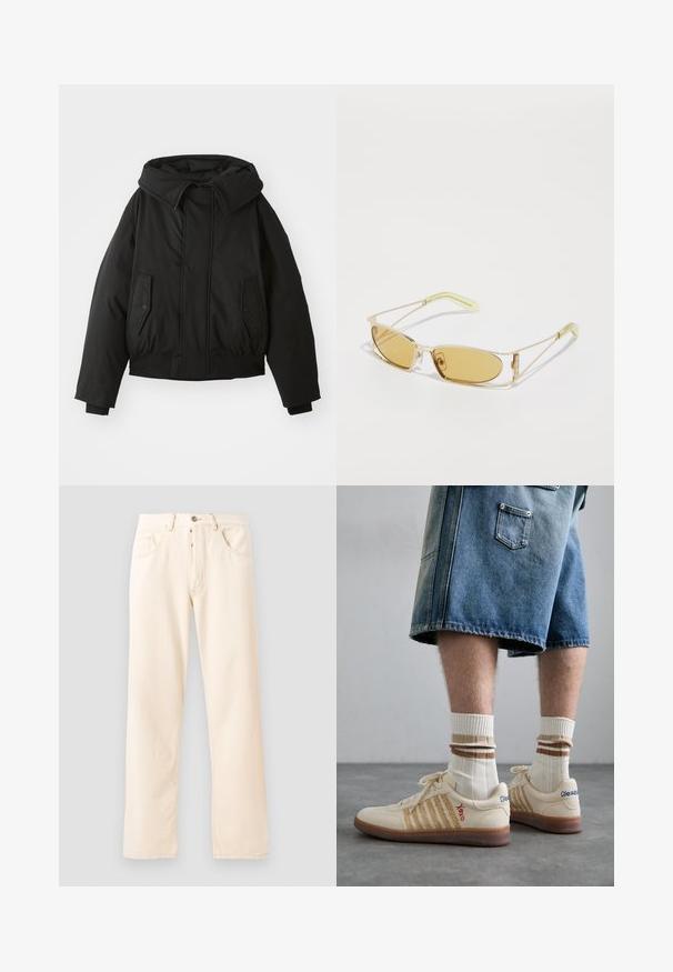 Black padded jacket with a high collar, zip closure, double side pockets, elastic cuffs, and a cropped hem. Smooth, matte texture.; Gray cotton t-shirt featuring a small orange fox head embroidery above the left chest. Crew neck, short sleeves, and a classic fit.; Light beige denim jeans with a straight-leg design, five pockets, and a front button closure. Stitching visible along seams.; Beige retro sneakers with brown rubber sole, featuring striped accents and embroidered logos. Worn with white socks, striped brown detail.; Yellow-tinted sunglasses with a translucent gold frame, slim rectangular shape, and angular arms with light green accents.