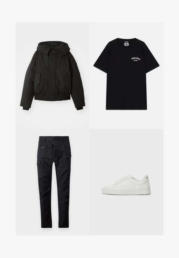 Schwarze gepolsterte Jacke mit hohem Kragen, Reißverschluss, doppelten Seitentaschen, elastischen Bündchen und cropped Saum. Glatte, matte Textur.; Schwarz Baumwoll-T-Shirt mit kurzen Ärmeln, mit weißem "DSQUARED2 MILANO" Logo auf der Brust. Rundhalsausschnitt, glatte Textur.; Schwarze Cargohosen aus strapazierfähigem Stoff, ausgestattet mit mehreren Taschen, einem Knopfverschluss und einem geraden Bein-Design. Glatte Textur und matte Oberfläche.; Weiße Ledersneaker mit glatter Oberfläche, runder Zehenpartie, flachen Schnürsenkeln und strukturiertem Sohlenprofil. Mit einem dezenten Logo an der Ferse.