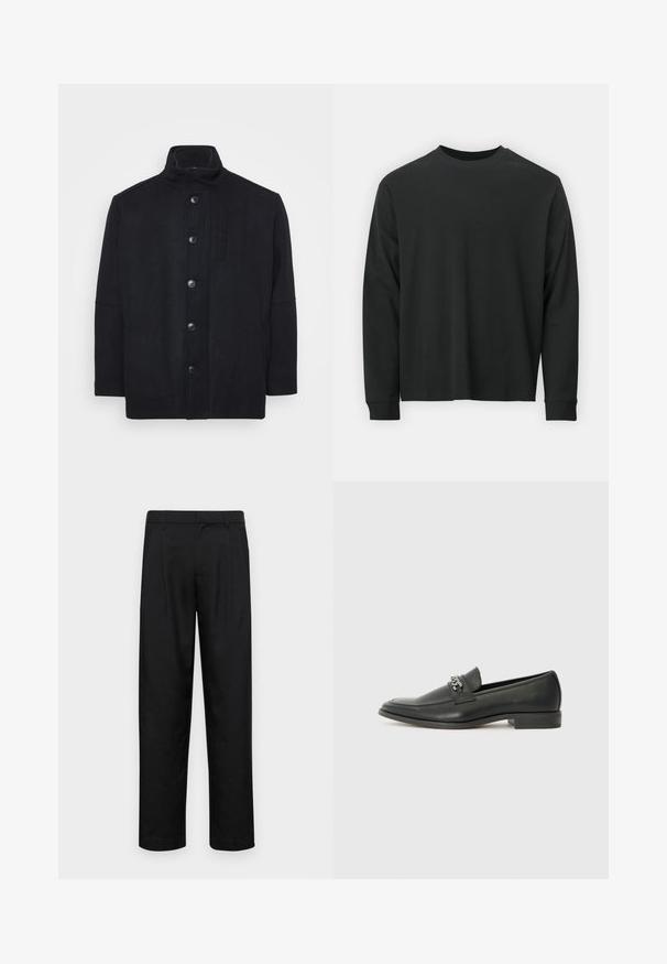 Schwarzer Mantel aus Wollmix, mit hohem Kragen, vorderem Knopfverschluss, Seitentaschen und geradem Schnitt mit glatter Textur.; Langärmliges schwarzes T-Shirt aus Baumwolle, mit Rundhalsausschnitt, lockerer Passform und gerippten Bündchen. Weiche Textur ohne sichtbare Muster.; Schwarze Hose aus glattem Stoff, mit geradem Bein Design, zwei vorderen Falten und einem Standardbund mit Gürtelschlaufen.; Schwarzer Lederloafer mit glatter Oberfläche, ausgestattet mit einer gesteppten Gestaltung und einem dekorativen Metallkettendetail über dem Vorderblatt. Flacher Absatz.