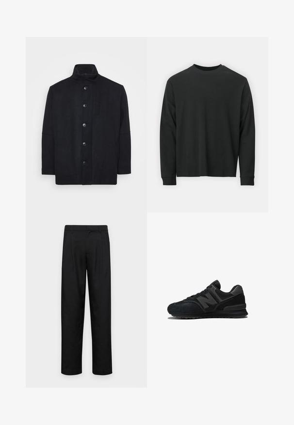 Svart kappa av ullblandning, med hög krage, framknäppning med knappar, sidofickor och rak skärning med en slät yta.; Långärmad svart T-shirt gjord av bomull, med rund halsringning, lös passform och ribbade ärmslut. Slät textur utan synliga mönster.; Svarta byxor i slät väv, med rak ben-design, två framfickor och standardmidja med bälteshällor.; Svart sneaker med ovandel i mocka och mesh, tjock sula och framträdande 'N'-logotyp på sidan. Texturerad design med snörning.
