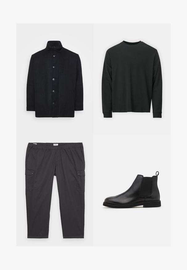 Gyapjú keverékből készült fekete kabát, magas gallérral, elöl gombos záródással, oldalsó zsebekkel és egyenes vonalvezetéssel, sima tapintással.; Fekete, hosszú ujjú póló, 100% pamutból készült, kerek nyakkivágással, bő szabású, bordázott mandzsettákkal. Simaság jellemzi, látható mintázat nélkül.; Fekete munkásnadrág rugalmas derékkal, oldalsó zsebekkel és patentos részletekkel. Könnyű, sima anyagból készült.; Fekete bőr Chelsea csizma elasztikus oldalsó panelek és húzófül nélkül. Lekerekített orr és lapos gumitalp, sima kivitelben.