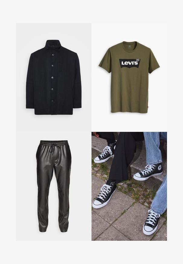 Cappotto nero realizzato in misto lana, con colletto alto, chiusura frontale con bottoni, tasche laterali e una vestibilità dritta con una texture liscia.; T-shirt di cotone verde oliva con un grande logo Levi's nero in una forma semi-arcuata a contrasto sul petto. Vestibilità regolare.; Pantaloni jogger neri in pelle con vita elastica e cordino regolabile. Texture liscia, vestibilità affusolata e caviglie con polsini.; Sneakers alti neri in tela con suole e lacci bianchi, dotati di un logo circolare di lato e abbinati a pantaloni in denim e neri.