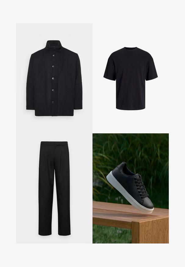 Czarny płaszcz z mieszanki wełny, z wysokim kołnierzem, zapięciem na guziki z przodu, kieszeniami bocznymi i prostym krojem o gładkiej fakturze.; Czarna bawełniana koszulka z okrągłym dekoltem, krótkimi rękawami i luźnym krojem. Gładka tekstura, bez widocznych wzorów czy akcentów.; Czarne spodnie wykonane z gładkiego materiału, z prostą nogawką, dwoma fałdami z przodu oraz standardowym paskiem z wypustkami na pasek.; Czarne skórzane sneakersy o gładkiej fakturze, z białą gumową podeszwą i sześcioma otworami na sznurowadła, wyeksponowane na drewnianej powierzchni.