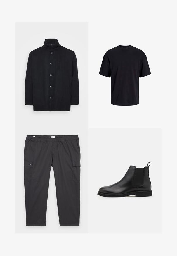 Mustasilkkinen villasekoite takki, jossa on korkea kaulus, etupainon sulku, sivutaskut ja suora leikkaus, jossa on pehmeä tekstuuri.; Musta puuvillapaita, jossa on pyöreä kaula-aukko, lyhyet hihat ja rento muotoilu. Yksinkertainen ja sileä pinta, ilman näkyviä kuvioita tai koristeita.; Mustat cargo-housut, joissa on joustava vyötärö, sivutaskut ja napinappi-yksityiskohtia. Valmistettu kevyestä, sileästä kankaasta.; Musta nahkainen Chelsea-kenkä, jossa on elastiset sivupaneelit ja vetotuli. Pyöristetty kärki ja litteä kumipohja, joka korostaa sileää pintaa.