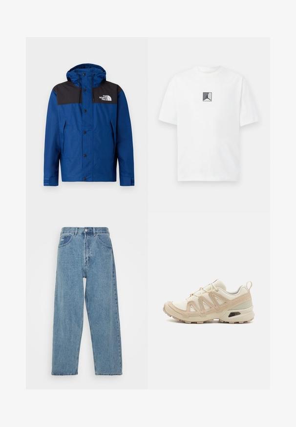 Zila ūdensizturīga jaka ar melnu augšējo daļu, regulējamu kapuci un priekšējiem pogām. Tajā ir sānu kabatas un elastīgas aproces.; Balta kokvilnas T-krekls ar centrālo melno un pelēko logotipa grafiku. Klasiska apaļa kakla forma un īsas piedurknes ar brīvāku piegriezumu.; Gai zilo denima džinsu bikses ar augstu vidukli, brīvu piegriezumu, divām priekšējām kabatām, aizmugurējo kabatu un pogu aizdari.; Beige un krēma sporta apavi ar strukturētu tīkla virsmu, atbalstošajiem slāņiem un gumijas zoli ar protektoru rakstu, kas nodrošina saķeri.