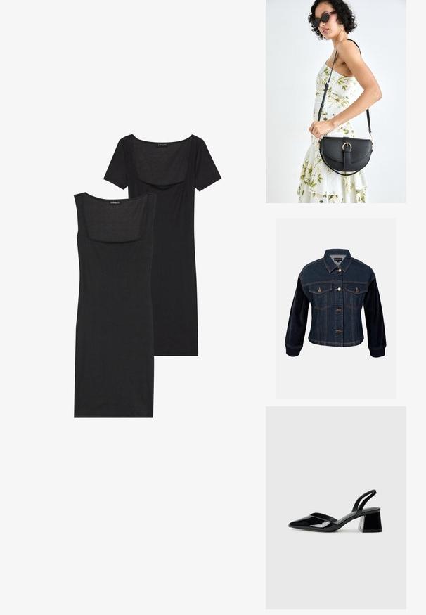 Tumedat denimjakid, millel on sametised varrukad, kaks rinnakotti, kuldse tooni nupud ja kontrastse tekstuuriga varrukad.; Must ülikondadega kleit ruudukujulise dekoltee, lühikeste varrukate ja ribatekstuuriga. Kaks varianti: heledama musta ja tumedama musta tooni näidatud.; Mustad musta lakknahk kingad, millel on terav varvas ja geomeetriline plokkkonts. Omab elegantselt minimalistlikku disaini ja sujuvat tekstuuri.; Mustmust mustraha kõverate joontega, eemaldatava rihmaga ja kuldsete detailidega. Kotil on klapp, millel on pandladetail.