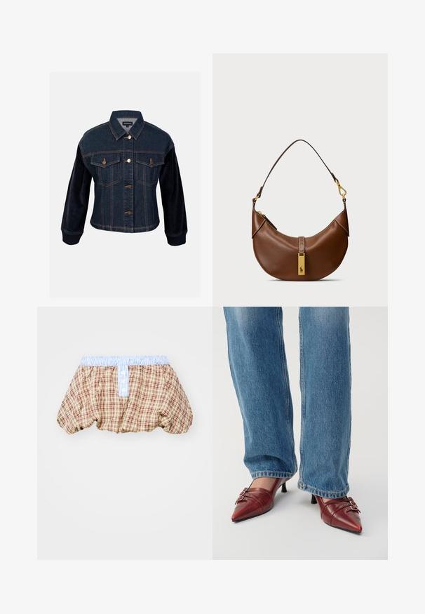 Τζάκετ από τζιν με μανίκια από καμπαρντίνα, σκούρο μπλε, που διαθέτει δύο τσέπες στο στήθος, χρυσά κουμπιά και αντίθετη υφή στα μανίκια.; Ελέγχθηκε το strapless τοπ σε ανοιχτό μπεζ με καρό σχέδιο σε μπορντό και πράσινο. Διαθέτει τέσσερα μπροστινά κουμπιά και δύο τσέπες στο στήθος.; Ελέγχουσα φούστα με πούλιες σε καφέ, μπεζ και κόκκινο, με ελαφριά μπλε ρίγες στη μέση και κουμπιά μπροστά.; Κόκκινα δερμάτινα παπούτσια με μυτερή μύτη και μικρό τακούνι, με οριζόντια ραφή και δύο ασημένιες αγκράφες, φορεμένα με μπλε τζιν παντελόνι.; Καφέ δερμάτινη τσάντα ώμου με καμπυλωτό σχήμα, χρυσές λεπτομέρειες, κλείσιμο στην κορυφή και ακAccent του λογότυπου. Απαλή υφή με ραμμένες άκρες.