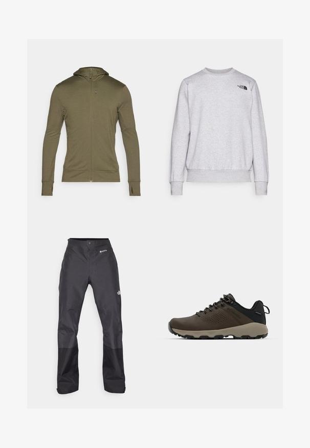 Långärmad, olivgrön zip-up hoodie gjord av ett mjukt tyg; har en passform i huvan och tumhål vid ärmkjolarna.; Grå sweatshirt i mjukt material, med långa ärmar, rund hals, ribbade cuffs och en liten svart logotyp på bröstet.; Svarta vattentäta byxor med en slät yta, med en GORE-TEX-logotyp på framsidan och förstärkta nedre ben för ökad hållbarhet.; Bruna vattentåliga sneakers med en strukturerad ovandel, perforerade detaljer, svart hälstöd och en grå gummisula. Snörningen har metalliska ändar.