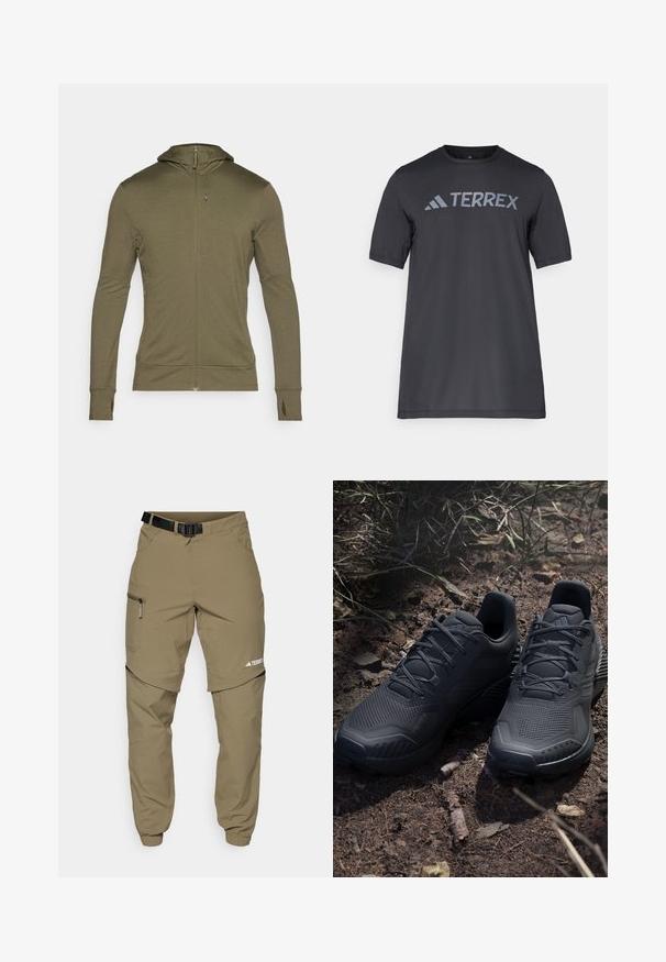 Dugi rukavi, maslinasto zeleni dukserica s patentnim zatvaračem, izrađena od mekog materijala; ima prilagođenu kapuljaču i otvore za palčeve na manžetama rukava.; Crna majica kratkih rukava od lagane tkanine, koja ima svijetlosivu oznaku "TERREX" preko prsa i okrugli izrez.; Bež vanjske hlače s remenom, bočnim džepovima na patentni zatvarač i elastičnim rubovima. Imaju dizajn s patentnim zatvaračem za uklanjanje dijelova radi svestranosti i glatku teksturu.; Crne sportske cipele s teksturiranim pletenim gornjim dijelom, ojačanim prstom i ovlaženom potplatom, prikazane na zemljanom tlu s raspršenim grančicama.