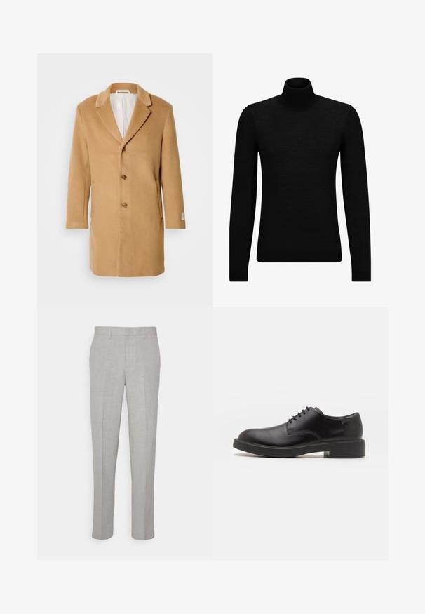 Cappotto di lana beige con rever a doppio taglio, chiusura a un solo bottone, tre bottoni e tasche laterali. Tessuto liscio e design di lunghezza media.; Maglione a collo alto nero realizzato in materiale morbido, con maniche lunghe e vestibilità aderente. Bordo a coste all'orlo e ai polsini. Design semplice.; Pantaloni grigi chiari con una texture liscia, frontale piatto e gambe dritte. Realizzati in tessuto traspirante, dotati di tasche interne e passanti per cintura.; Scarpa nera in pelle con lacci, punta tonda, texture liscia, cuciture minime e tacco in gomma basso. Logo sul tacco.