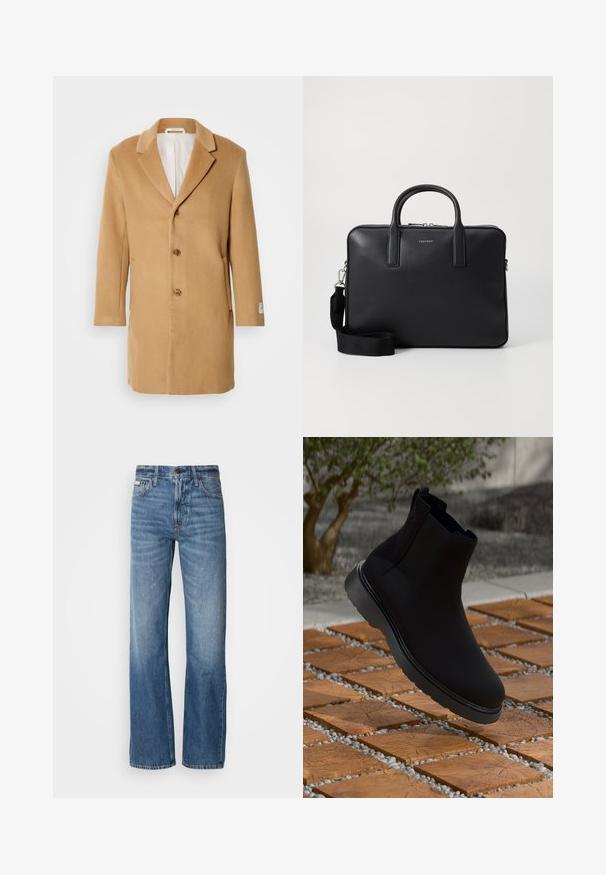 Tan uldecoat med klapkrave, enkeltknappet foran, tre knapper og sidelommer. Glat tekstur og mellemlang design.; Blå denim langærmet skjorte med button-down krave, brystlomme og kontraststing. Stofstrukturen er glat med en afslappet stil.; Blå denim jeans med lige ben, høj talje og let fading. Indeholder en knap- og lynlåslukning samt klassisk fem-lomme design.; Sort ankelstøvle lavet af glat materiale med diskrete syninger, en gummisål og et strømlinet design, placeret over en overflade med træstruktur.; Sort læderaktetaske med struktureret overflade, dobbelte håndtag, aftagelig skulderrem og en frontdetalje med logo. Lynlåslukning.