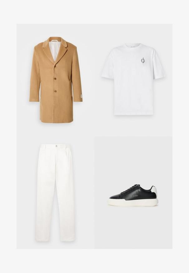 Casaco de lã bege com lapela com corte a direito, frente de um botão só, três botões e bolsos laterais. Textura suave e design de comprimento médio.; Camisa de algodão branca com um corte relaxado, apresentando um pequeno logótipo gráfico preto na área do peito esquerdo. Mangas curtas, estilo de gola redonda.; Calças brancas feitas de um tecido suave, com um design de perna reta, pregas frontais e um fecho de botão único na cintura.; Tênis de couro preto com sola de borracha branca. Possui bico redondo, design com atacadores e detalhe do logo na lateral. Acento traseiro em branco.