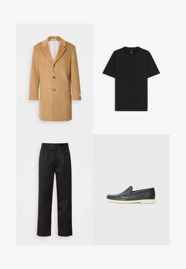 Tan wool coat with a notched lapel, single-breasted front, three buttons, and side pockets. Smooth texture and mid-length design.; Black short-sleeve T-shirt made from a smooth cotton blend, featuring a crew neckline and a minimalistic design with no patterns or accents.; Black trousers made of smooth fabric, featuring a front button closure, pleats, and straight legs. No visible patterns or accents.; Black leather slip-on loafers with a textured finish and a contrasting beige rubber sole. Features a subtle accent along the front.