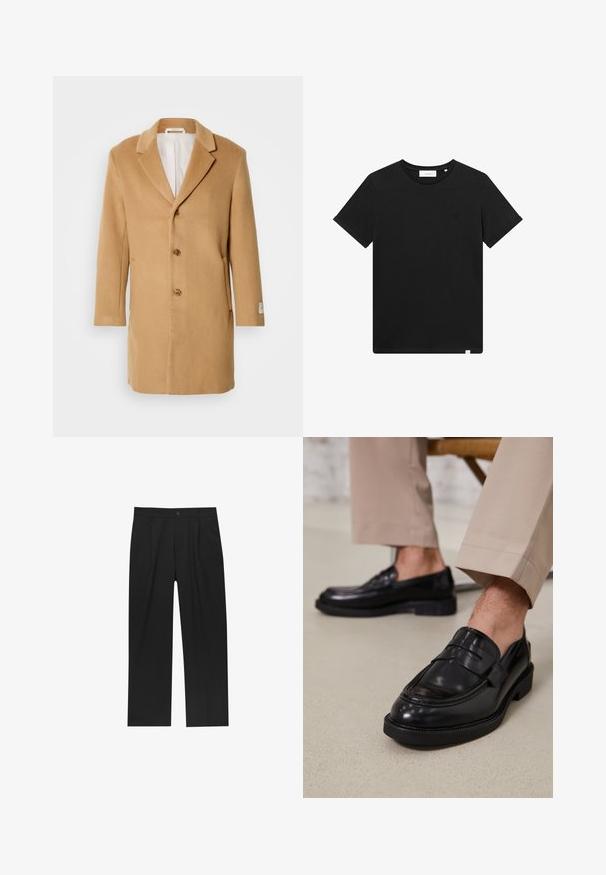 Beżowy wełniany płaszcz z klapami, jedno-butonowy przód, trzy guziki i boczne kieszenie. Gładka tekstura i średniej długości krój.; Czarna koszulka z krótkim rękawem wykonana z bawełny, z okrągłym dekoltem i małym logo haftowanym na piersi. Gładka tekstura, standardowy krój.; Czarne spodnie o prostym kroju, wykonane z gładkiego materiału. Posiadają zakładki z przodu i pojedyncze zapięcie na guziki w pasie.; Czarne skórzane mokasyny o gładkim wykończeniu, z dekoracyjnym paskiem i kontrastowym szwem, w połączeniu z beżowymi spodniami.