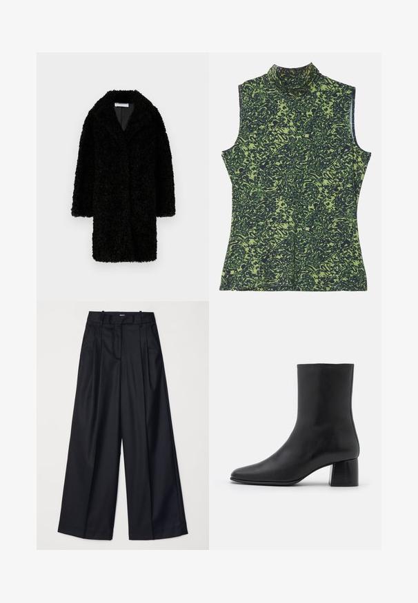 STAND STUDIO CAMILLE COAT - Zimní kabát - black; Top bez rukávů s rolákem v zeleném a tmavě modrém vzoru, který má texturovaný, organický design. Měkká látka s uvolněným střihem.; Černé kalhoty s širokými nohavicemi vyrobené z hladkého materiálu, s vysokým pasem, sklady a přizpůsobeným střihem. Jednoduché černé kování v pase.; Černé kožené kotníkové boty s špičatou špičkou a robustním čtvercovým podpatek. Hladká textura s bezšvovým designem a minimalistickým prošíváním.